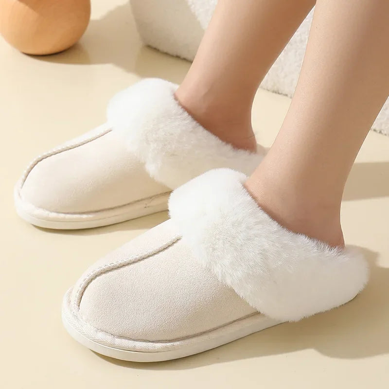 Winter Suede Fur Slippers Women Thick Sole Anti Slip Warm Indoor House Shoes