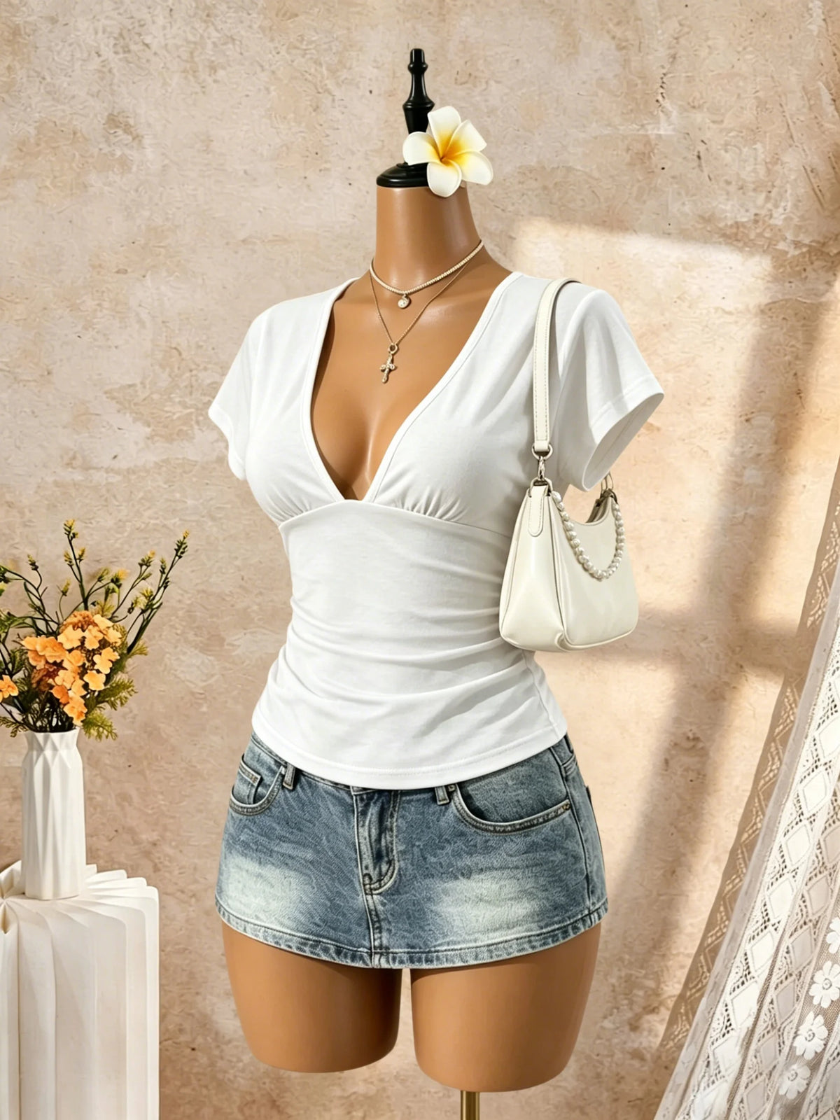 Deep V Ruched Crop Top