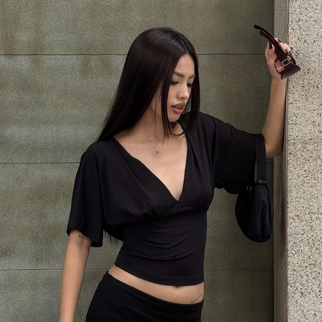 Women's Sexy Deep V Lace Spliced Tie Waist Half Sleeve Slim Crop Tee