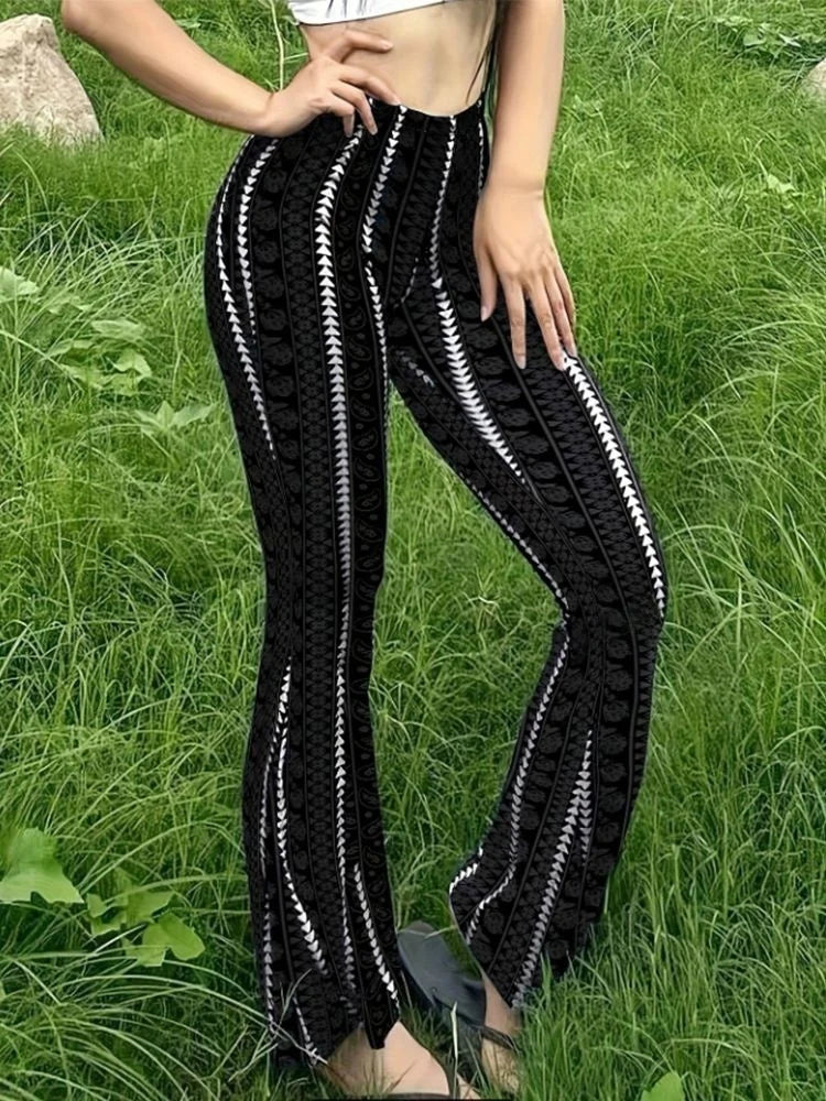 Women Pants Retro Print Flared Leggings Sexy Slim Fit Casual Pants Street Style 2025 Spring Summer Fashion Long Trousers