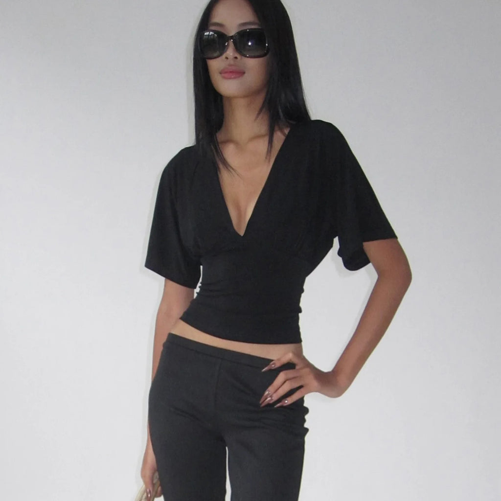 Women's Sexy Deep V Lace Spliced Tie Waist Half Sleeve Slim Crop Tee