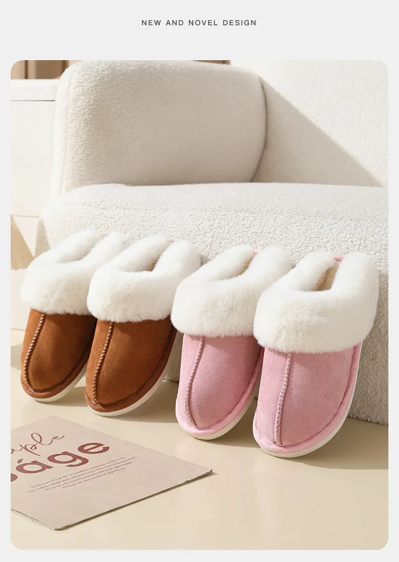 Winter Suede Fur Slippers Women Thick Sole Anti Slip Warm Indoor House Shoes