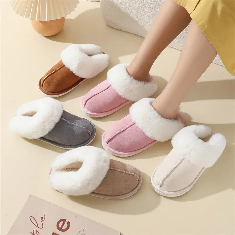 Winter Suede Fur Slippers Women Thick Sole Anti Slip Warm Indoor House Shoes