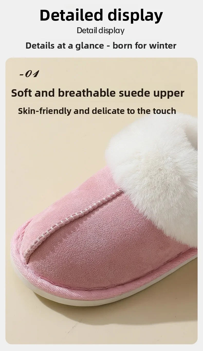 Winter Suede Fur Slippers Women Thick Sole Anti Slip Warm Indoor House Shoes