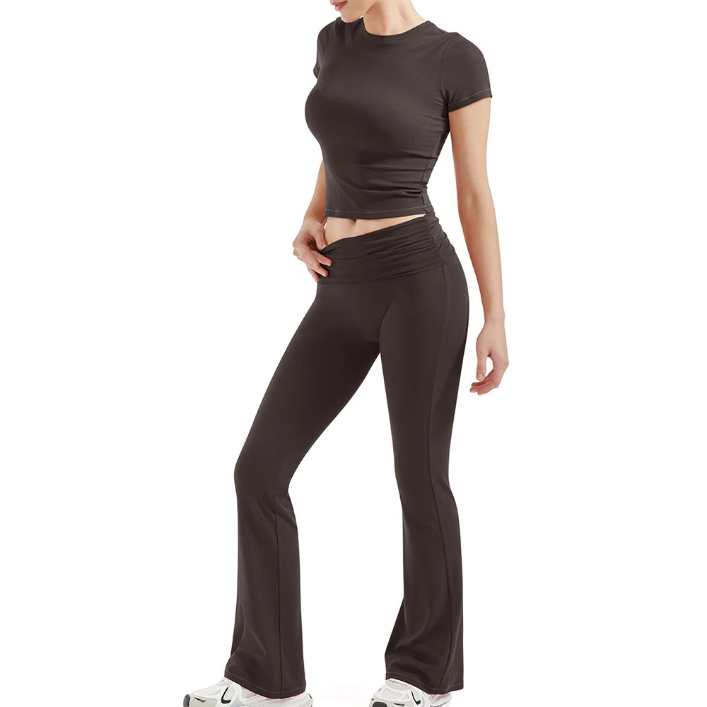 2 Pieces Sports Sets Short Sleeve Seamless Yoga Top Fitness Set Women Workout Running Sports Wid Leg Leggings Gym Suits Female