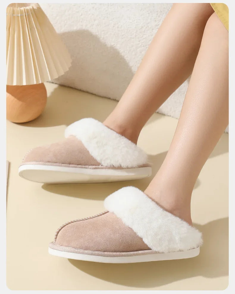 Winter Suede Fur Slippers Women Thick Sole Anti Slip Warm Indoor House Shoes