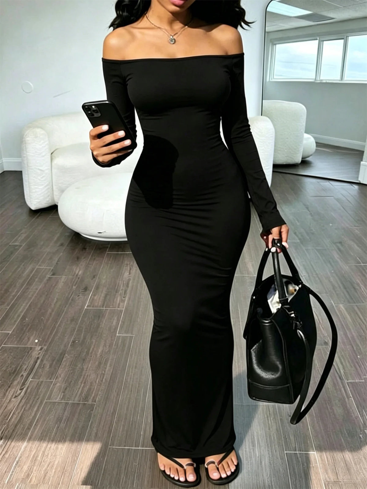 Women Off Shoulder Long Sleeve Maxi Dress, Slim Fit Bodycon Long Dress, Elegant Party Night Out Pencil Dress