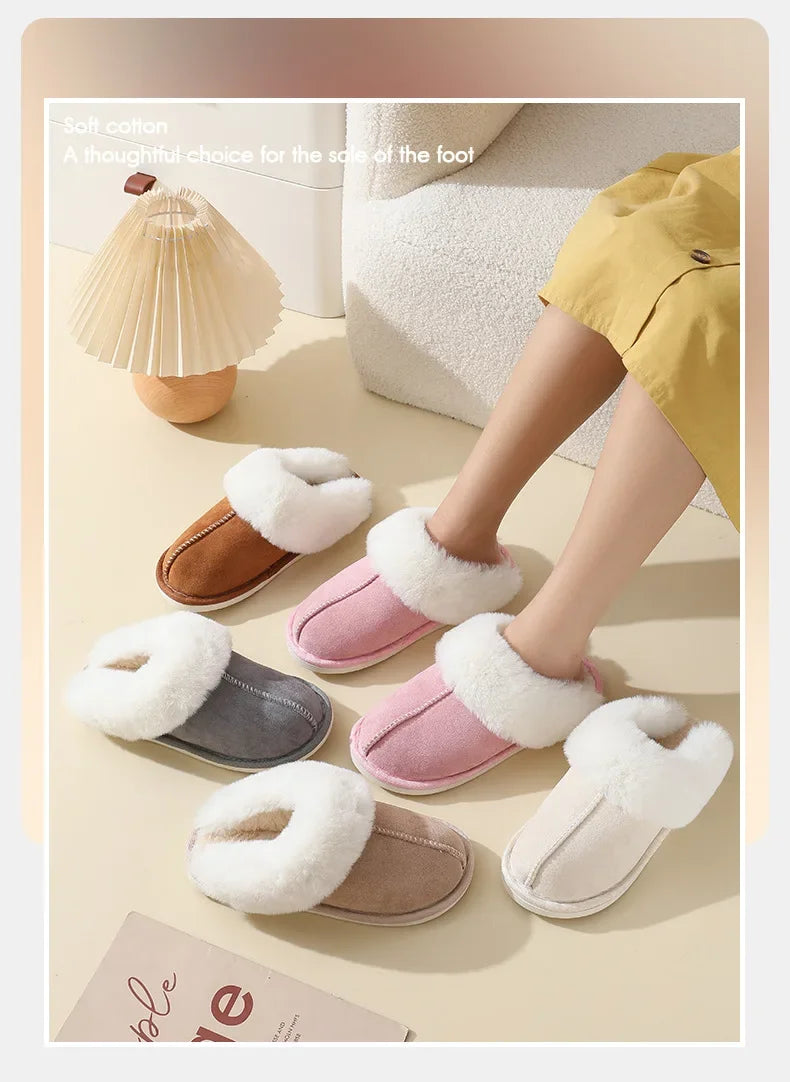 Winter Suede Fur Slippers Women Thick Sole Anti Slip Warm Indoor House Shoes