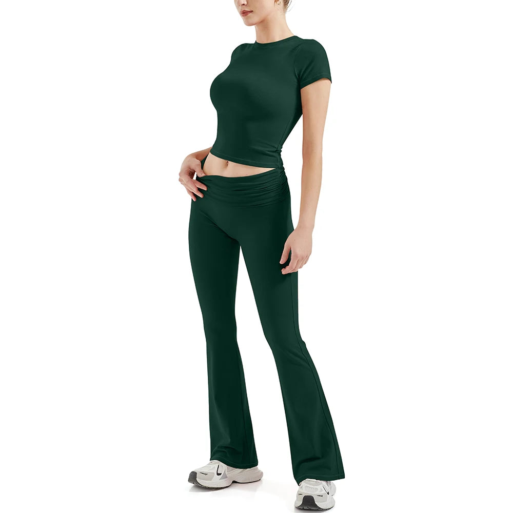 2 Pieces Sports Sets Short Sleeve Seamless Yoga Top Fitness Set Women Workout Running Sports Wid Leg Leggings Gym Suits Female