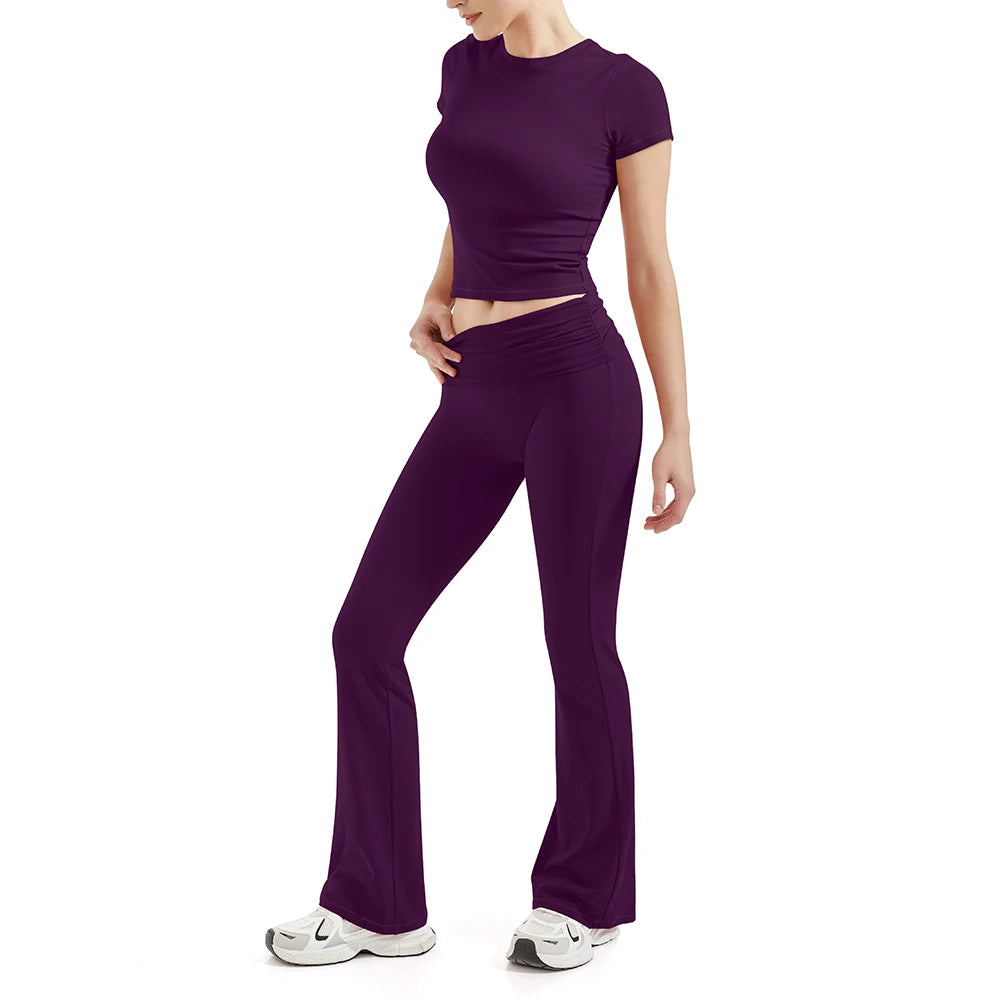2 Pieces Sports Sets Short Sleeve Seamless Yoga Top Fitness Set Women Workout Running Sports Wid Leg Leggings Gym Suits Female